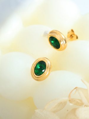 French Retro Fashionable Non-Fading Red and Green Zircon Earrings Stainless Steel 18K Gold Plating Ear Studs Earrings