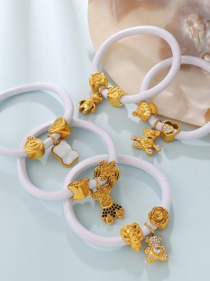 Street DIY Diamond Bear Pendant Elastic Hair Ring Dual-Use Bracelet White