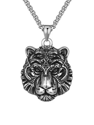 Zodiac Tiger Pendant Men's Zodiac Anniversary Year Domineering Tiger Head Stainless Steel Necklace Trendy Design Gift