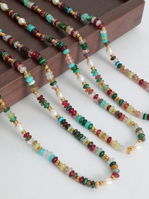 Bohemian Dopamine Colorful Natural Stone Beaded Freshwater Pearl Retro Temperament Necklace, Bracelet Set