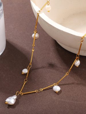 French Style Freshwater Pearl Pendant Necklace Stainless Steel 18K Gold Plating Tassel Clavicle Chain Jewelry Women