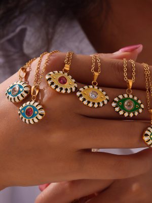 Simple Personality Hip Hop Devil's Eye Pendant Ornaments Weight Color Glaze Design Diamond-Embedded Stainless Steel Necklace