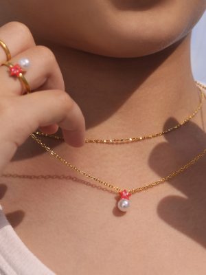 Small Starfish Shell Pearls Set Stainless Steel Necklace Bracelet Ear Studs Ring Jewelry for Girls Jewelry Three-Piece Set