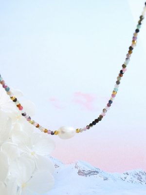 Tourmaline Colorful Natural Stone Beaded Freshwater Pearl Pendant Necklace Retro Ethnic Design Art Jewelry
