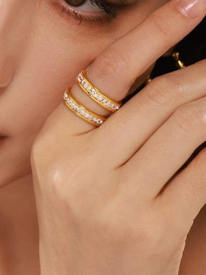 Simple Double Layer Zircon Ring Index Finger Ring Plated 18K Real Gold Stainless Steel Finger Ring Jewelry