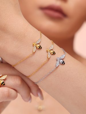 Oil Dripping Zircon Industrious Bee Double-Layer Necklace Bracelet Ring Earrings Stainless Steel Set