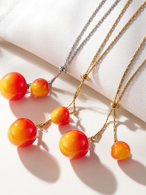 Fresh Sweet Cherry Inlaid Zircon Sweater Chain Plated 18K Real Gold Drawable Necklace