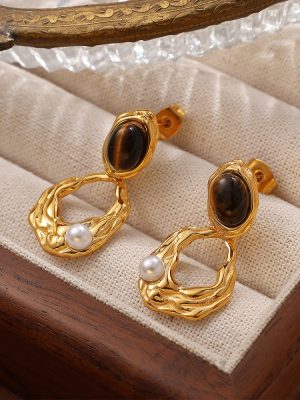 Simple Tigereye Metal Stud Earrings Women's Design All-Matching Graceful Elegant and Dignified Ear Rings
