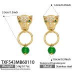 color: TXF543-Gold Leopard Head Green Earrings