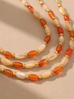 Natural Oval Agate Shell Steel Ball Clavicle Necklace Bracelet Stainless Steel Set Summer Girl Ornament