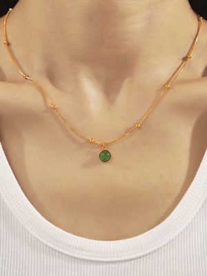 French Retro Turquoise Pendant Necklace Simple Removable Twin Stainless Steel 18K Gold Plating Clavicle Chain