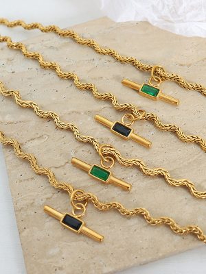 Fashionable Design Glass-Inlaid Long Cone Stainless Steel Pendant Necklace All-Match Brass Clavicle Chain