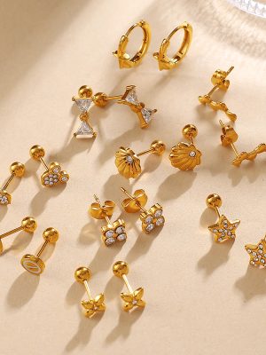 More than Star Flower Shape Diamond Stud Earrings Stainless Steel 18K Gold Plating Exquisite Petite Earrings