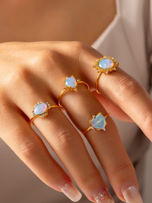 Elegant Heart Water Drops Modeling Jewelry Diamond Opal Design Stainless Steel Open Ring