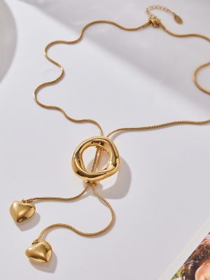 Long Shaped Circle Pull Heart Tassel Sweater Chain Design Versatile Stainless Steel Necklace