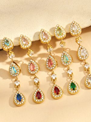 Light Luxury Full Diamond Color Water Drop Zircon Eardrops Earrings Stainless Steel Earrings Jewelry Female Vacuum Vapor Plating 18K Gold