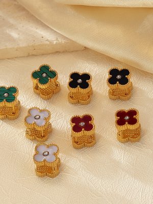 Stainless Steel Four Leaf Clover Ear Stud New Rhinestone Earrings Versatile Advanced 18K Real Gold Earring