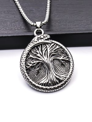 Trendy vintage Viking lucky tree men's necklace stainless steel ethnic snake-wrapped women's pendant