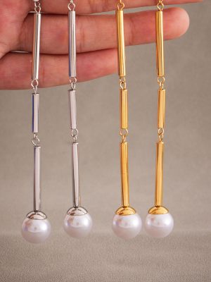 High Quality High-Gloss Shell Pearls round Tube Long Patchwork Earrings Light Luxury High-End Stainless Steel Earrings Face Slimming