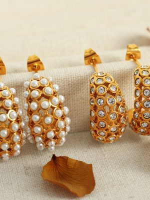 Stainless Steel Gold-Plated Rhinestone Earrings C- Shaped Circle Retro Ornament Personalized Earrings Shell Pearls Women