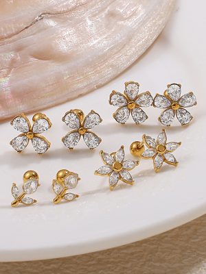 Threaded Stud Earrings for Women Stainless Steel Piercing Ornaments Earrings Ear Bone Stud Flower Earrings Entry Lux Elegant Premium Gift