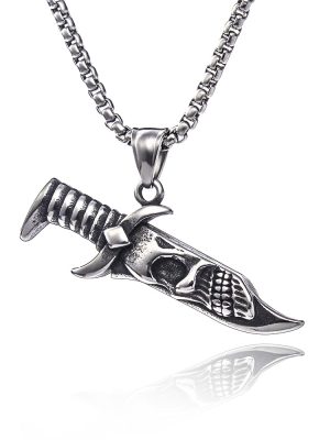 Skull Dagger Hidden Device Punk Pearl Chain Stainless Steel Necklace Vintage Pendant Ornaments