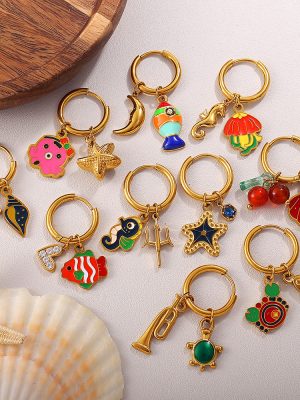 New Marine DIY Dripping Octopus Turtle Pendant Earrings Stainless Steel 18K Gold Plating Cute Earrings