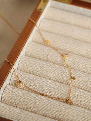 New Simple Design Stainless Steel Gold Plated Geometric Inlaid Zircon Square Pendant Necklace Ornament Women