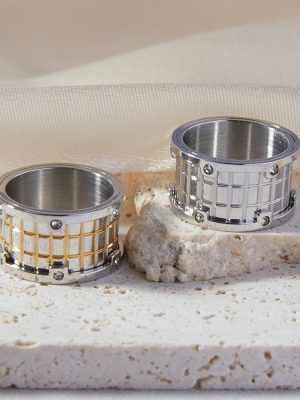British Retro Personalized Grid Texture Design Ring Double Layer Lantern Ring Inlaid Zircon Stainless Steel Trendy Cool Ring