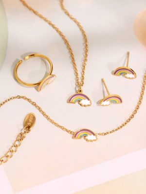 Dopamine Dripping Oil Rainbow Clouds Necklace Bracelet Ring Stud Earrings Sweet Cute Children Stainless Steel Ornament