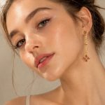 Sweet Stainless Steel Plated 18K Gold Inlaid Zircon Four-Leaf Flower Long Drop Earrings Ornament Female