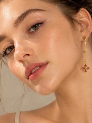 Sweet Stainless Steel Plated 18K Gold Inlaid Zircon Four-Leaf Flower Long Drop Earrings Ornament Female