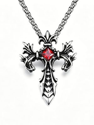2026 Personality Creative Ornament Men's Vintage Stainless Steel Inlaid Gemstone Dragon Pendant Double Dragon Cross Necklace