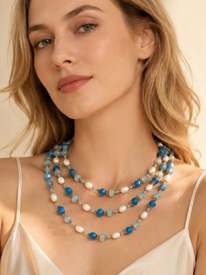 Natural Freshwater Pearl Cut Aquamarine Beaded Necklace Chic Light Luxury Clavicle Chain