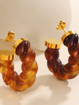 Amber Twist Resin Earrings Women's Stainless Steel Vintage U-Shaped Premium Design Earrings