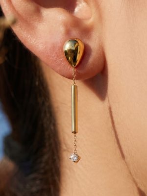 Long Zircon Pendant French Elegant Stainless Steel 18K Gold Plated Earrings All-Match Jewelry