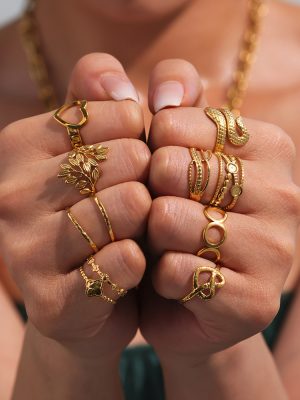 Leaf Geometric Flower 18K Gold-Plated Snake-Shaped Light Luxury Multi-Layer Stainless Steel Opening Ring Set