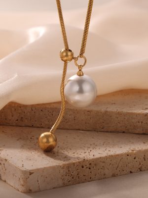 New Light Luxury and Simplicity Stainless Steel Gold-Plated round Bead Tassel Highlight Shell Bead Pendant Necklace Ornament Women's