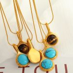 National Trendy Retro Simple Elegant Turquoise Necklace Pendant Stainless Steel 18K Gold