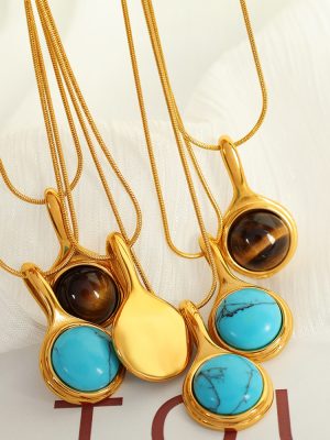 National Trendy Retro Simple Elegant Turquoise Necklace Pendant Stainless Steel 18K Gold