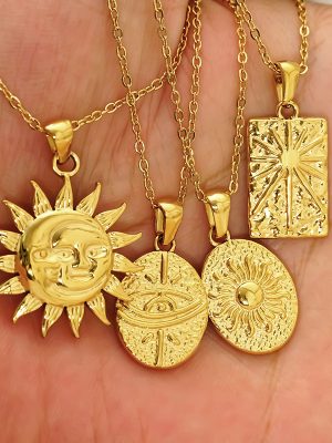 Retro Stainless Steel Sun Moon Necklace Female Plated 18K Karat Gold Jewelry Accessories