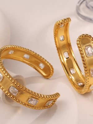 Square Inlaid Zircon Opening Bracelet Stainless Steel Plated 18K Golden Versatile Jewelry