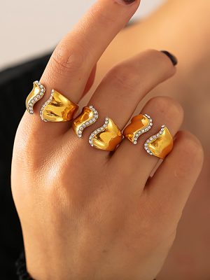 INS Inlaid Diamond Irregular Open Ring 18K Gold Stainless Steel Medium Cold Not Adjustable Ring