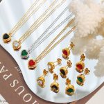 French Summer Design Multi-Color Zircon Inlaid Love Pendant Necklace Earrings Gold-Plated Edge Jewelry Set