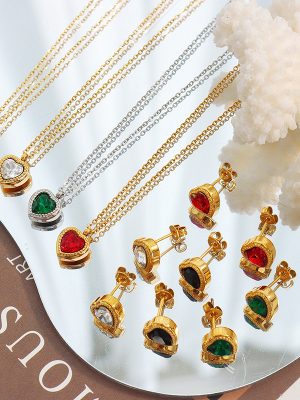 French Summer Design Multi-Color Zircon Inlaid Love Pendant Necklace Earrings Gold-Plated Edge Jewelry Set