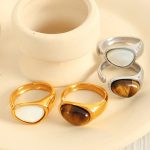 French Retro Natural Tigereye Ring Stainless Steel 18K Gold Plating Temperament Design Women's Opening Ring Light Luxury