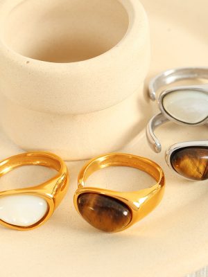 French Retro Natural Tigereye Ring Stainless Steel 18K Gold Plating Temperament Design Women's Opening Ring Light Luxury