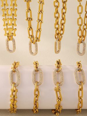 Stainless Steel Zircon Vachette Clasp Necklace Bracelet Jewelry Set Heavy Industry Plated 18K Real Gold Ornament