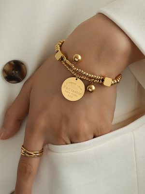 Vintage Stainless Steel Bracelet 18K Gold Plating Steel Ball Love round Brand Filament Double Layer Twin Hand Jewelry