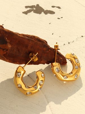 Stainless Steel Gold-Plated Imitation Pearl Zircon Inlaid C- Shaped Earrings Retro Elegant and Personalized Earrings